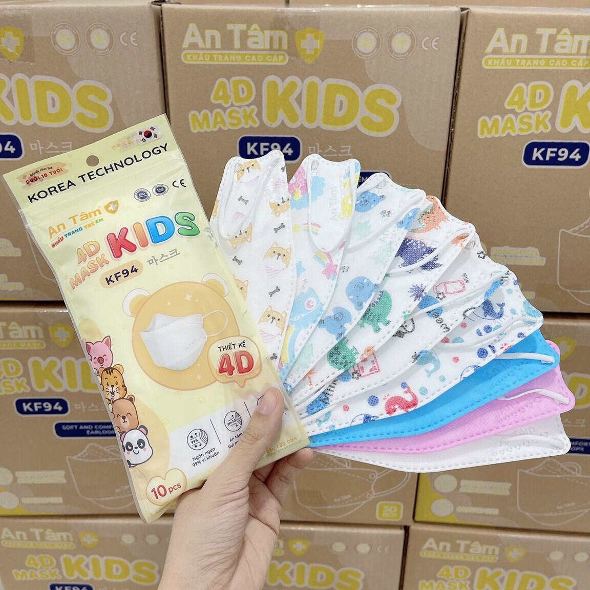 Thùng 300 cái khẩu trang 4D Kf94 cho bé 6 đến 12 tuổi, khẩu trang y tế trẻ em 4 lớp kháng khuẩn