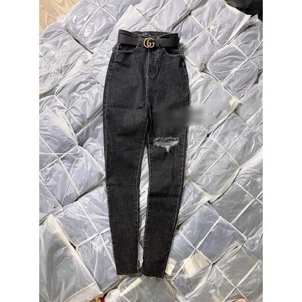 Quần cạp cao chất denim co giãn rách
