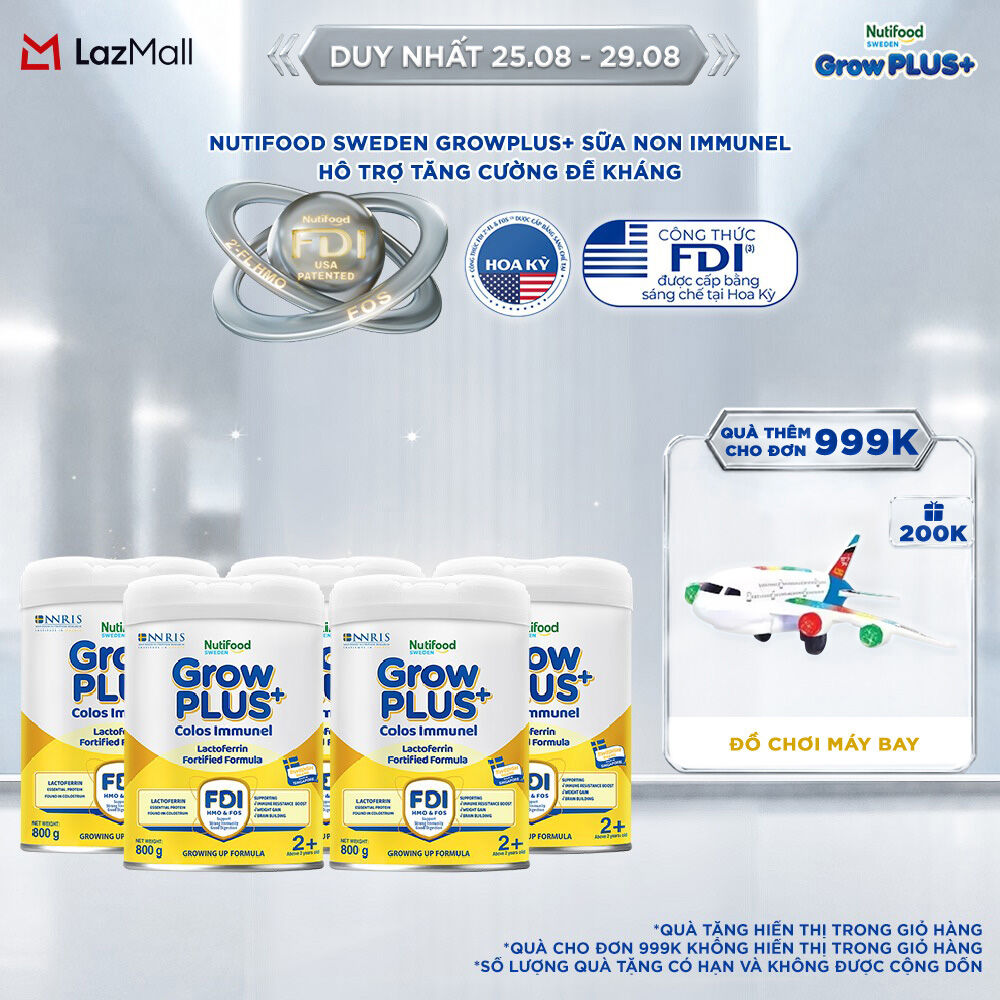 Combo 5 Sữa Bột Nutifood Sweden GrowPLUS+ Sữa Non Immunel trên 2 tuổi lon 800 g (Bao bì tuỳ lô hàng)