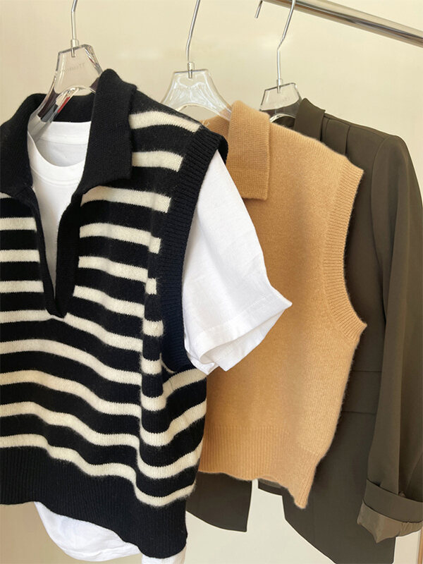 Áo Len Dệt Kim Cổ Polo Không Tay Ngắn Kiểu Pháp Kẻ Sọc Mùa Hè Cho Nữ Áo Khoác Ngoài Lót Lông Cừu Áo Len Cardigan Phong Cách Hàn Quốc