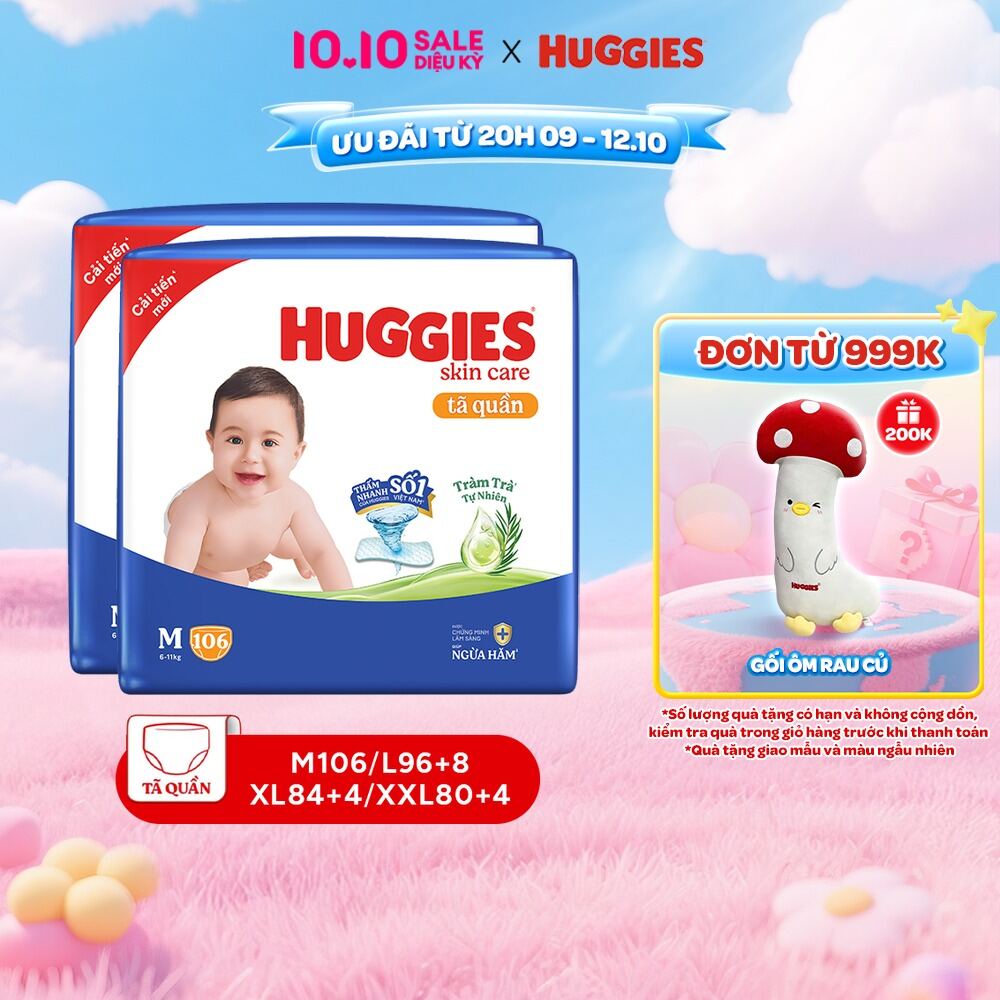 Combo 2 Tã/bỉm quần Huggies Skin Care Mega Jumbo M106/L100+4/ XL84+4/XXL76+4 với tràm trà dịu da
