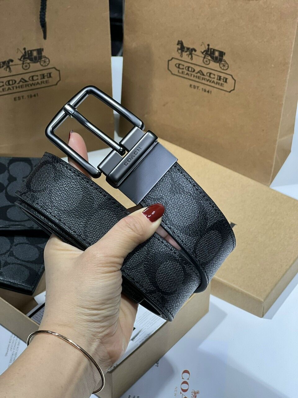 Set thắt lưng ví nam Coach da canvas đẹp fullbox