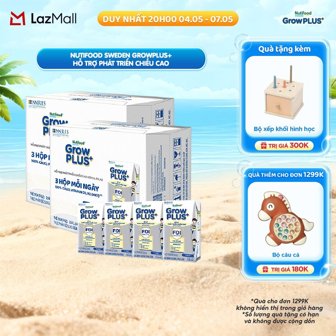 Combo 2 thùng Sữa Nước Pha Sẵn Nutifood Sweden GrowPLUS+ Cao lớn vượt trội - Hỗ trợ phát triển chiều cao - Trên 1 tuổi  - 24 hộp x 110ml
