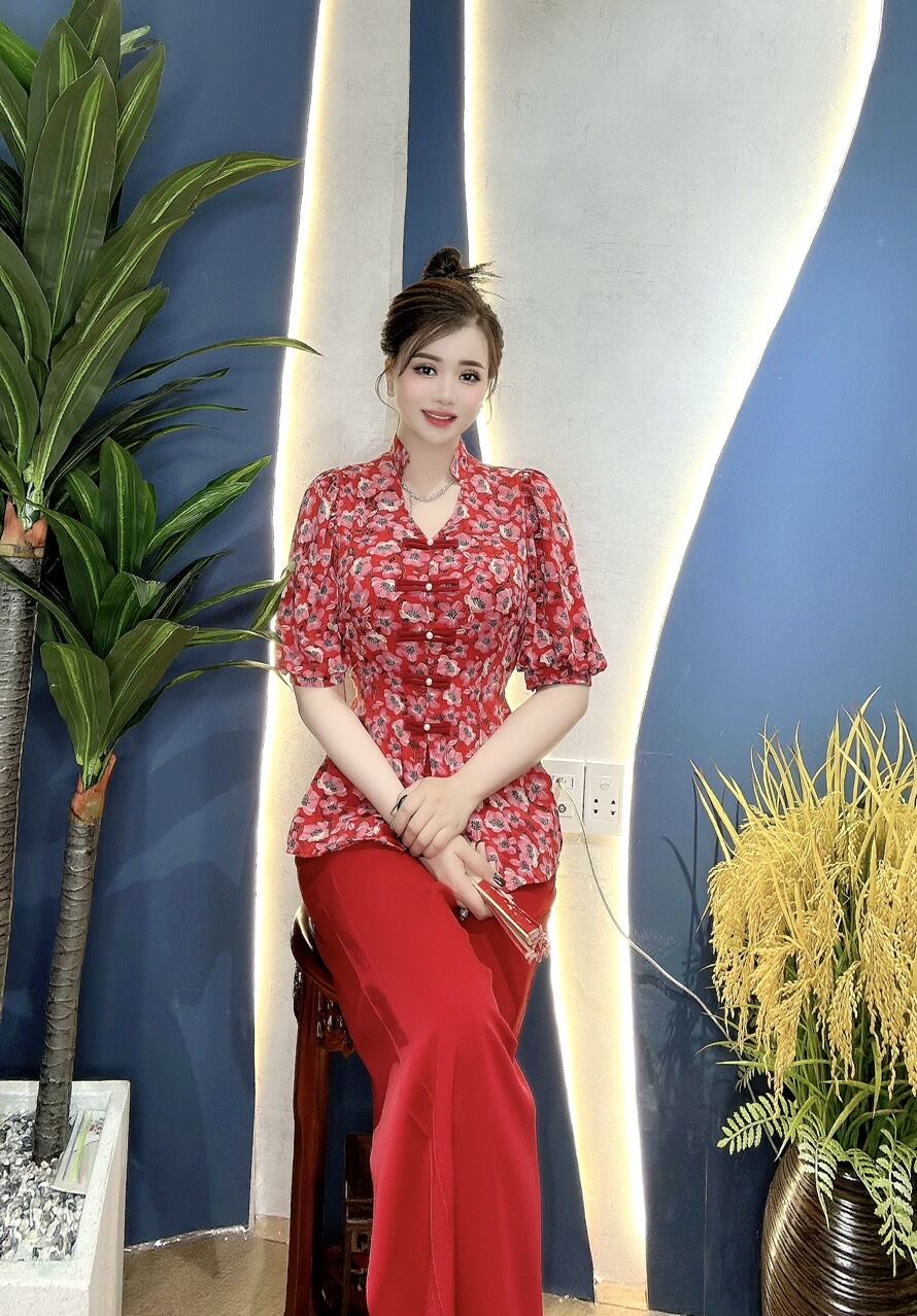 Bộ bà ba cổ tim tay phồng