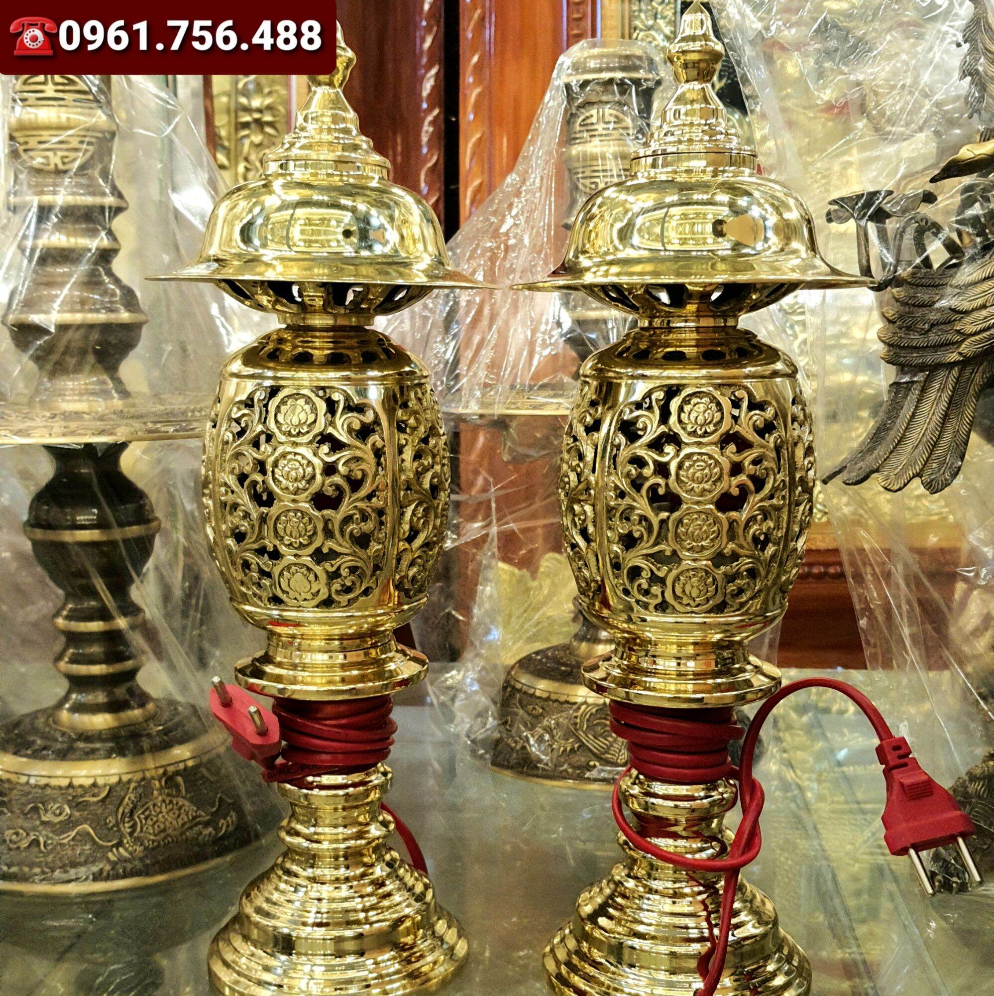 Đôi đèn đồng vàng nguyên chất 31cm