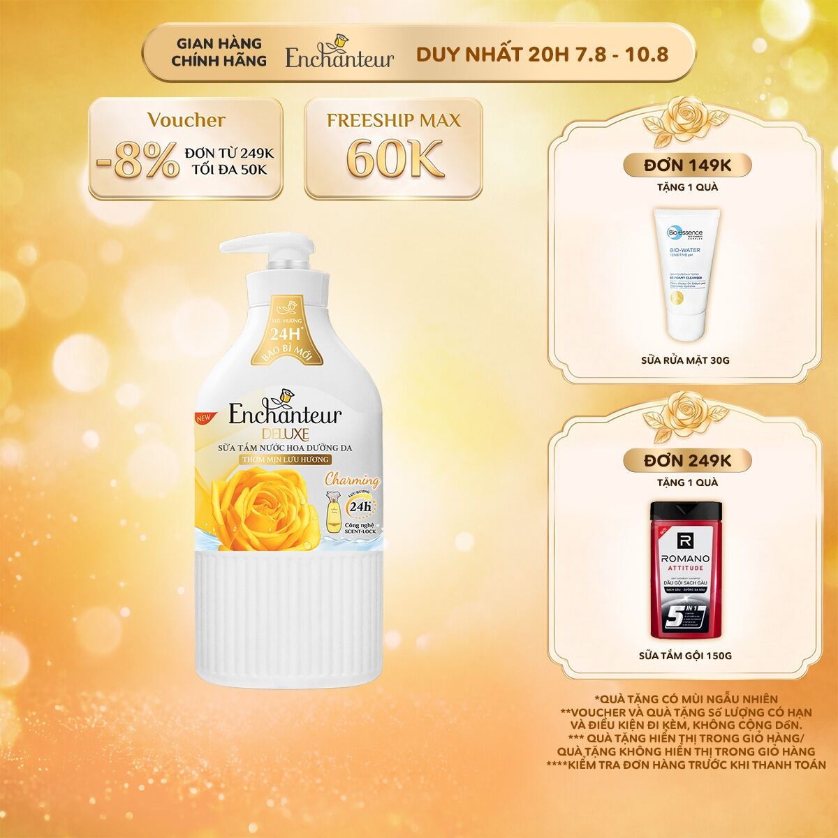 Sữa tắm trắng và dưỡng ẩm Enchanteur Charming 650g
