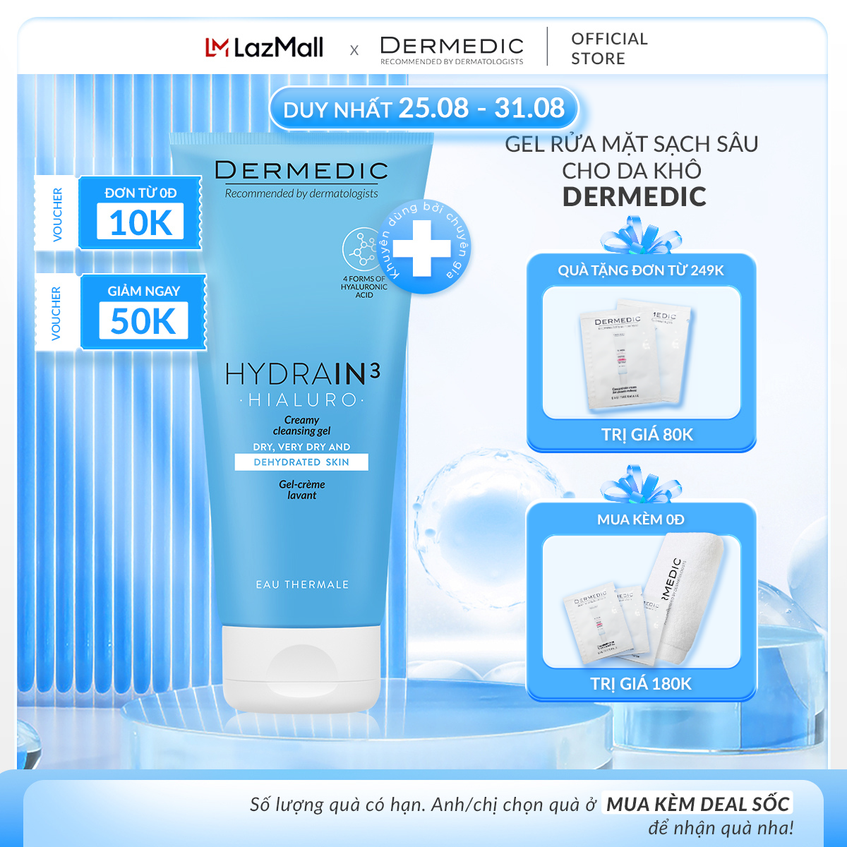 Gel rửa mặt làm sạch sâu, ẩm mượt cho da Dermedic Hydrain3 Hialuro Creamy cleansing gel 200ml