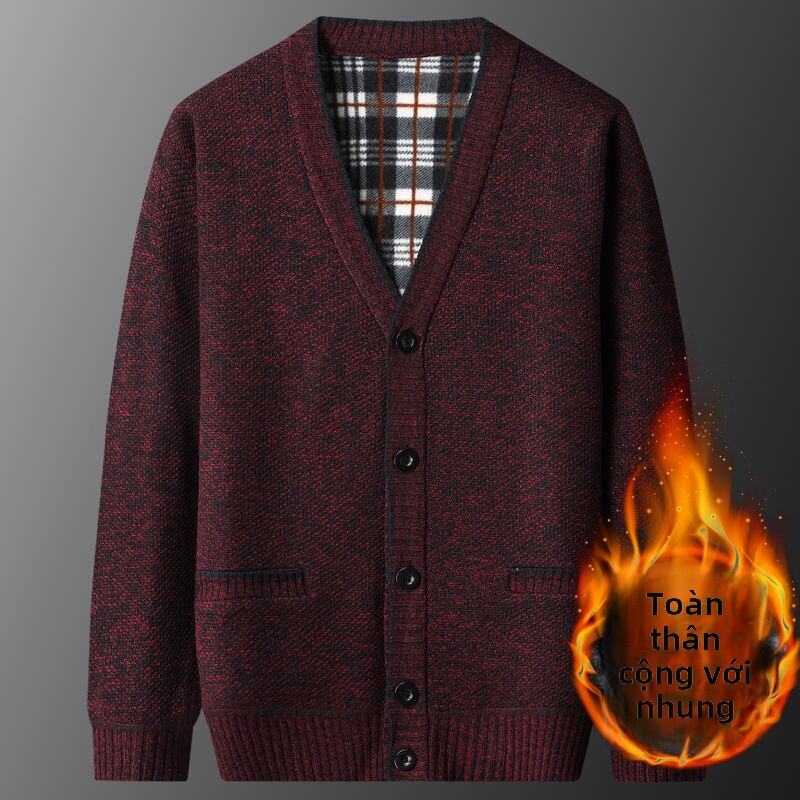 Áo Len Cardigan Dày Lót Lông Cừu Cho Nam Trung Niên Và Người Cao Tuổi Áo Khoác Ngoài Cổ Chữ V Áo Khoác Ngoài Mùa Đông Cho Người Lớn Tuổi