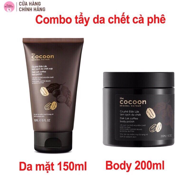 Combo Cà phê Đắk Lắk làm sạch da chết Cocoon: da mặt 150ml + cơ thể 200ml