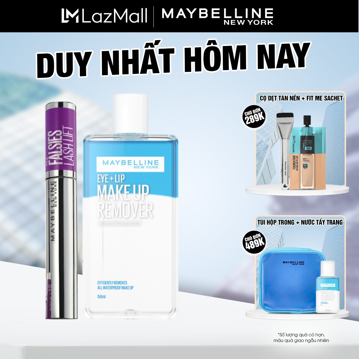 Bộ Mascara Uốn Mi, Nâng và Làm Dày Mi Falsies Lash Lift 8.6ml và Nước tẩy trang mắt môi 150ml Maybelline New York