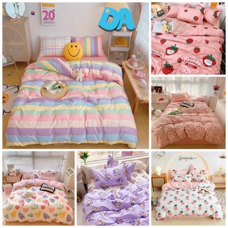 Bộ chăn ga gối cotton poly - Mẫu cầu vồng, thỏ cà rốt, dứa hồng, gấu tím, dâu hồng, em bé vàng, tím sắc mầu