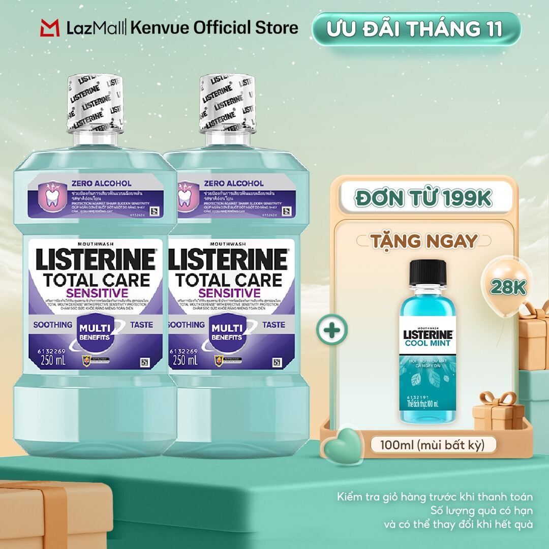 Bộ 2 Nước súc miệng cho răng nhạy cảm Listerine Total Care Sensitive Soothing Taste 250ml/chai