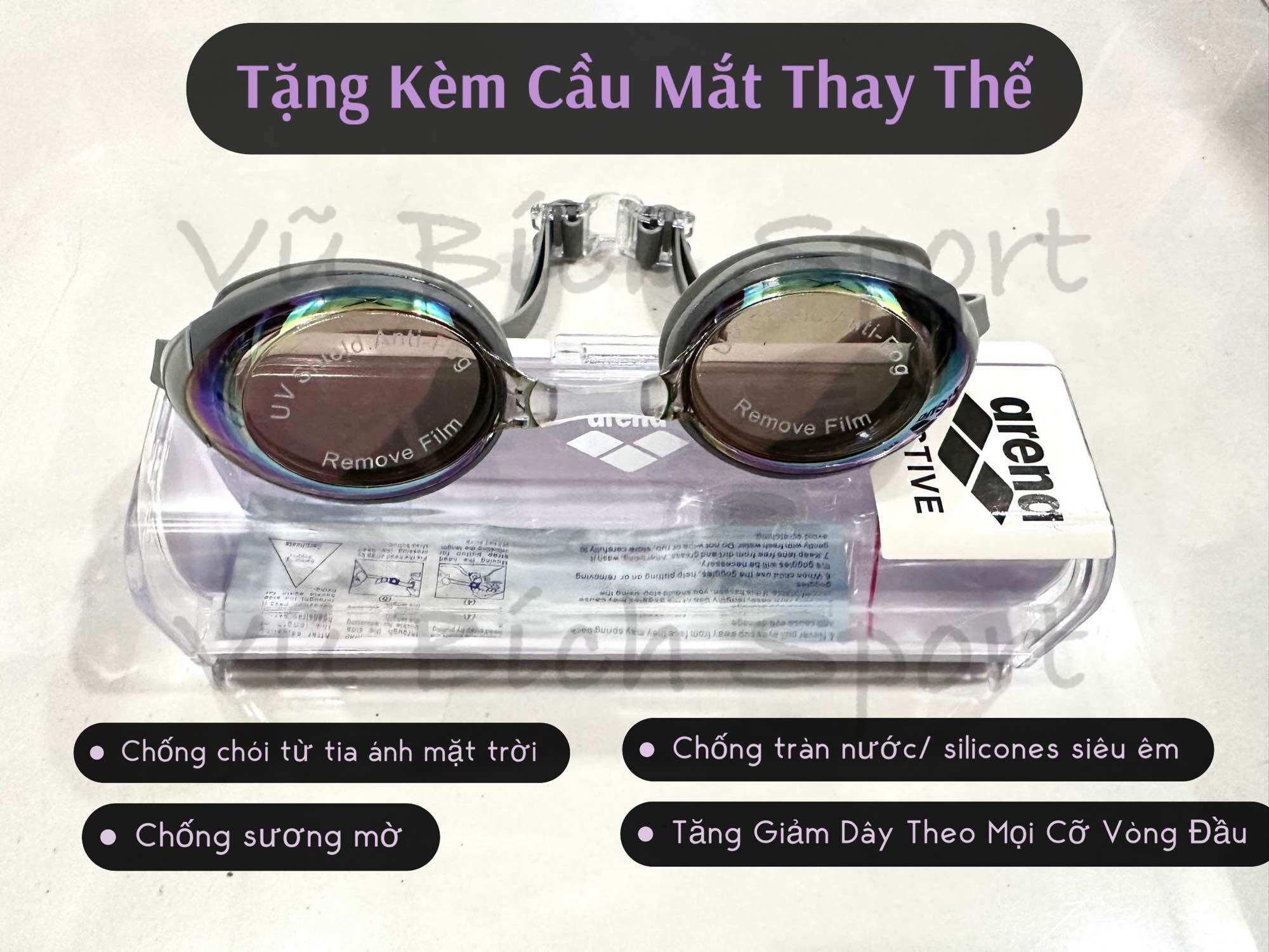 Kính Bơi Tráng Gương chống chói A.re.na + Tặng kèm cầu mắt