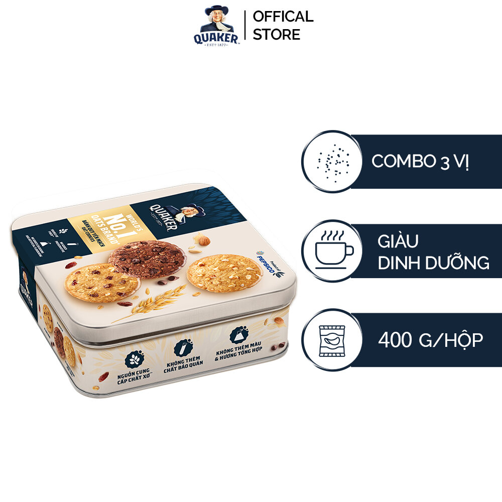 [DUY NHẤT 20H 4.5-7.5]  Hộp thiếc Bánh Quy Yến Mạch Quaker 400G 3 vị (Hạnh Nhân Socola Nho Khô)