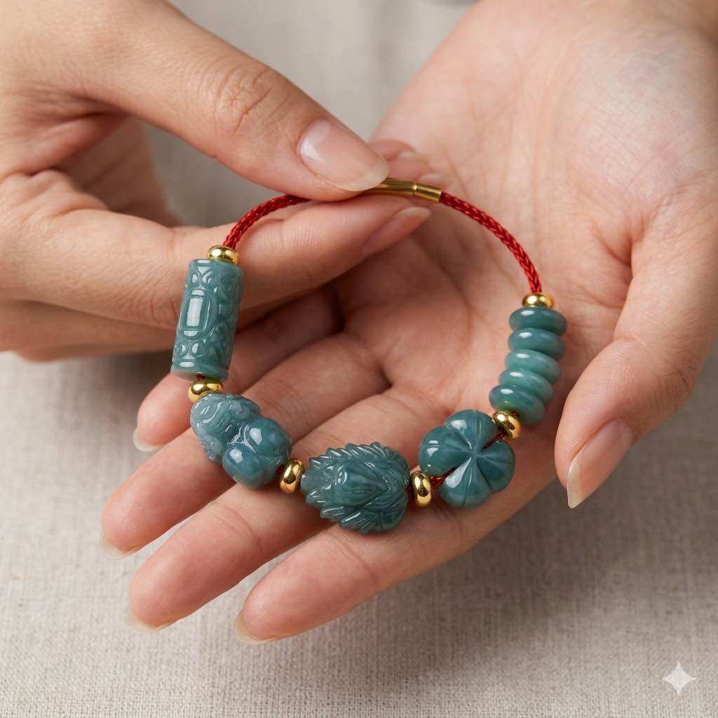 Vòng tay mic 5 charm hồ ly, tỳ hưu, cỏ 4 lá, lu thống và điếu ngũ phúc may mắn