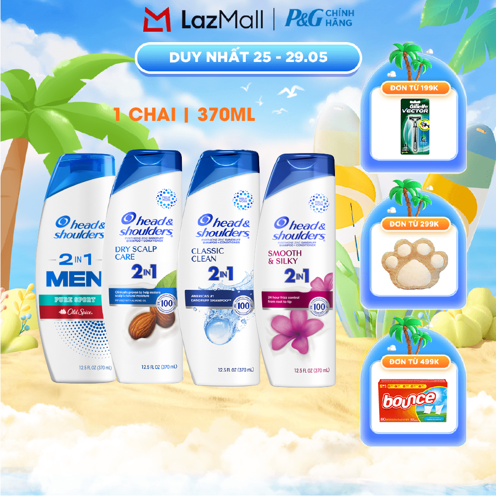 Dầu Gội Xả HEAD  SHOULDERS Nhập Khẩu Mỹ Sạch Gàu 2IN1 Hương Dry Scalp Care/ Pure Sport/ Smooth  Silky/ Classic Clean Chai 370ML