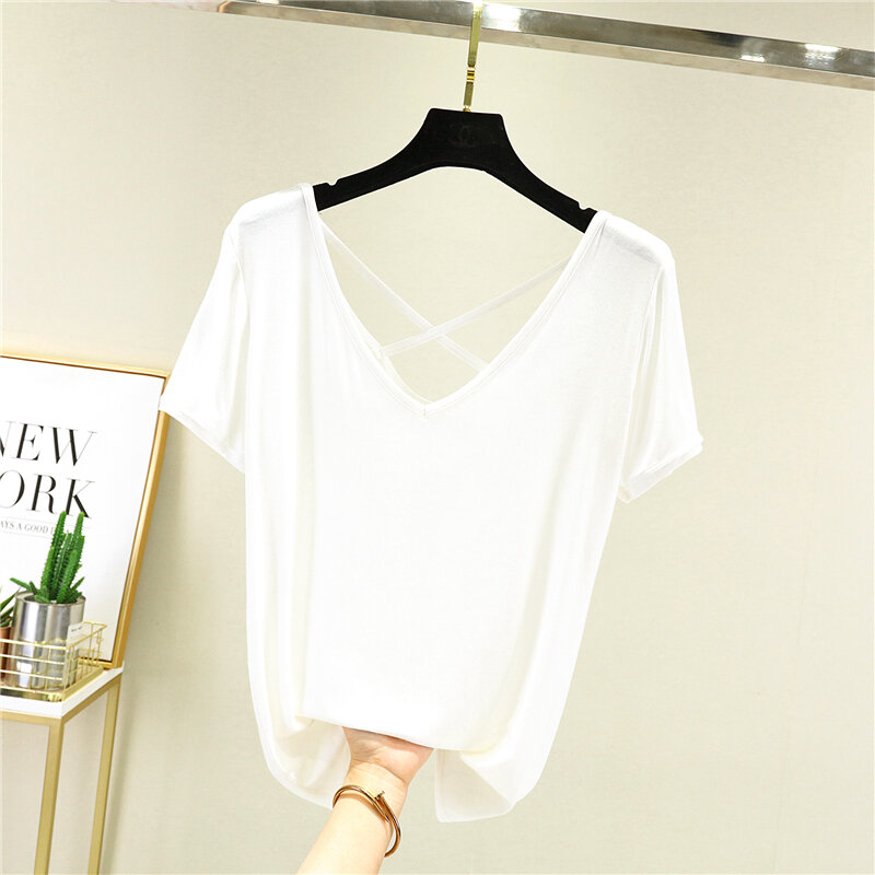 Áo Thun Hở Lưng Kiểu Tây Mặc Bên Ngoài Loại Mỏng Mùa Hè Cho Nữ Tay Ngắn Lưng Đẹp Áo Mặc Trong Cổ Chữ V Dễ Phối Áo Cỡ Lớn Modal