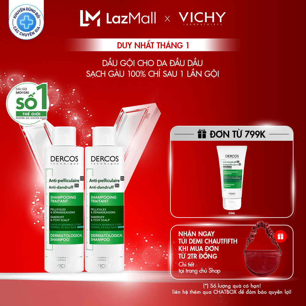  Bộ 2 dầu gội giúp sạch gàu dành cho da đầu dầu & ngứa Vichy Dercos Anti Dandruff 200ml x2 