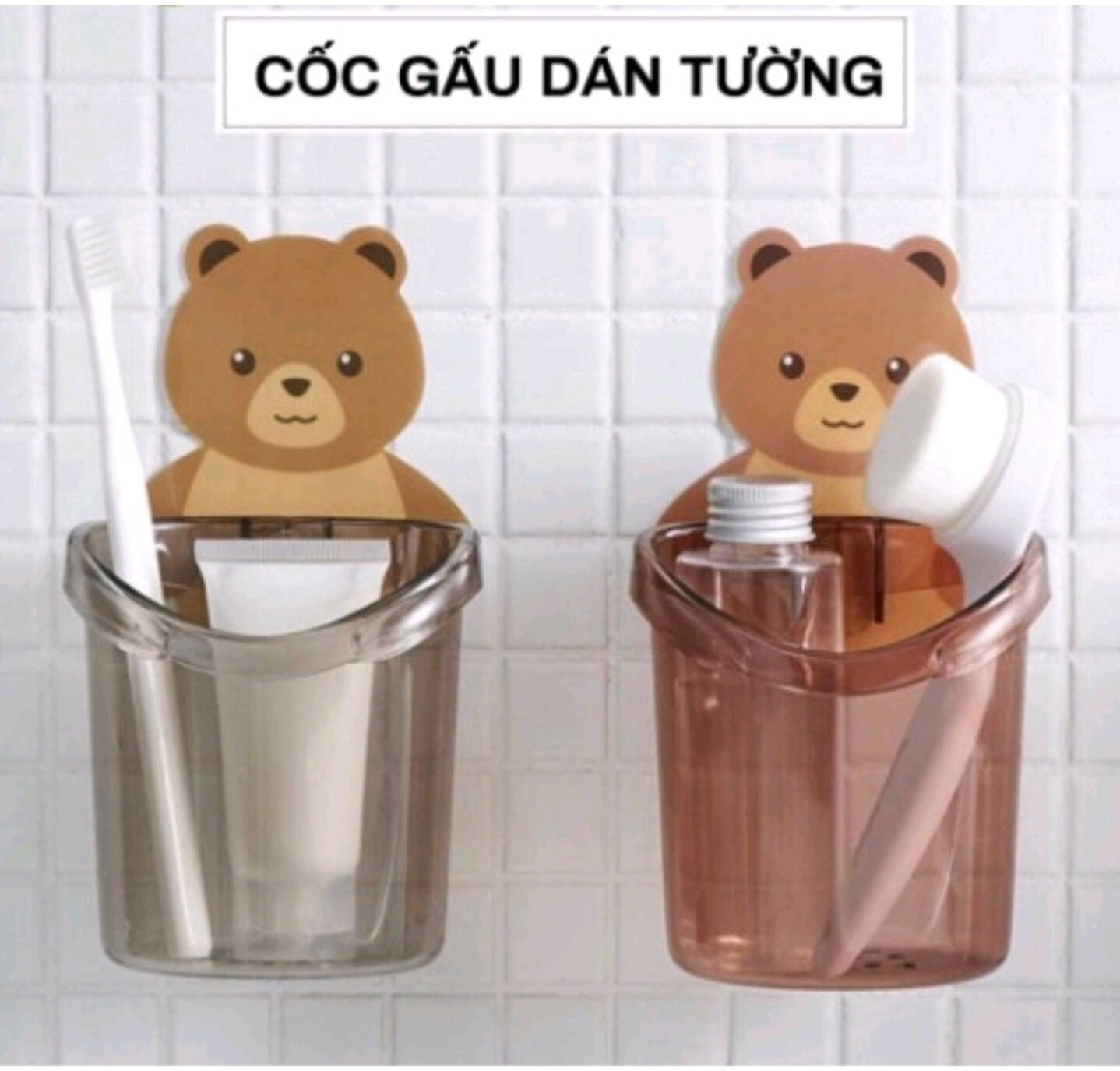 [TẶNG MÓC DÁN] Cốc Gấu dán tường đựng bàn chải kem đánh răng