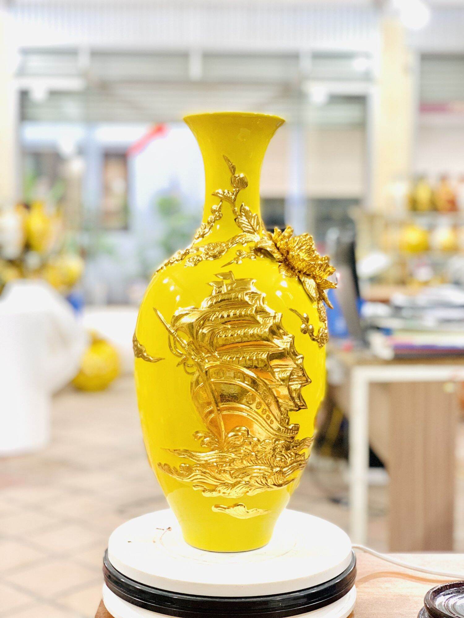 Lọ hoa 30cm dát vàng 24k_bình bông chữ phúc hoa nổi_sứ bát tràng