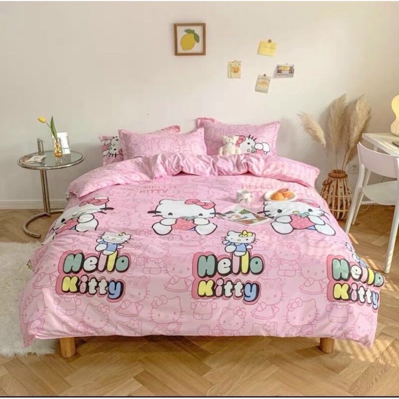 Chăn ga gối cotton poly - Mẫu hello kitty.