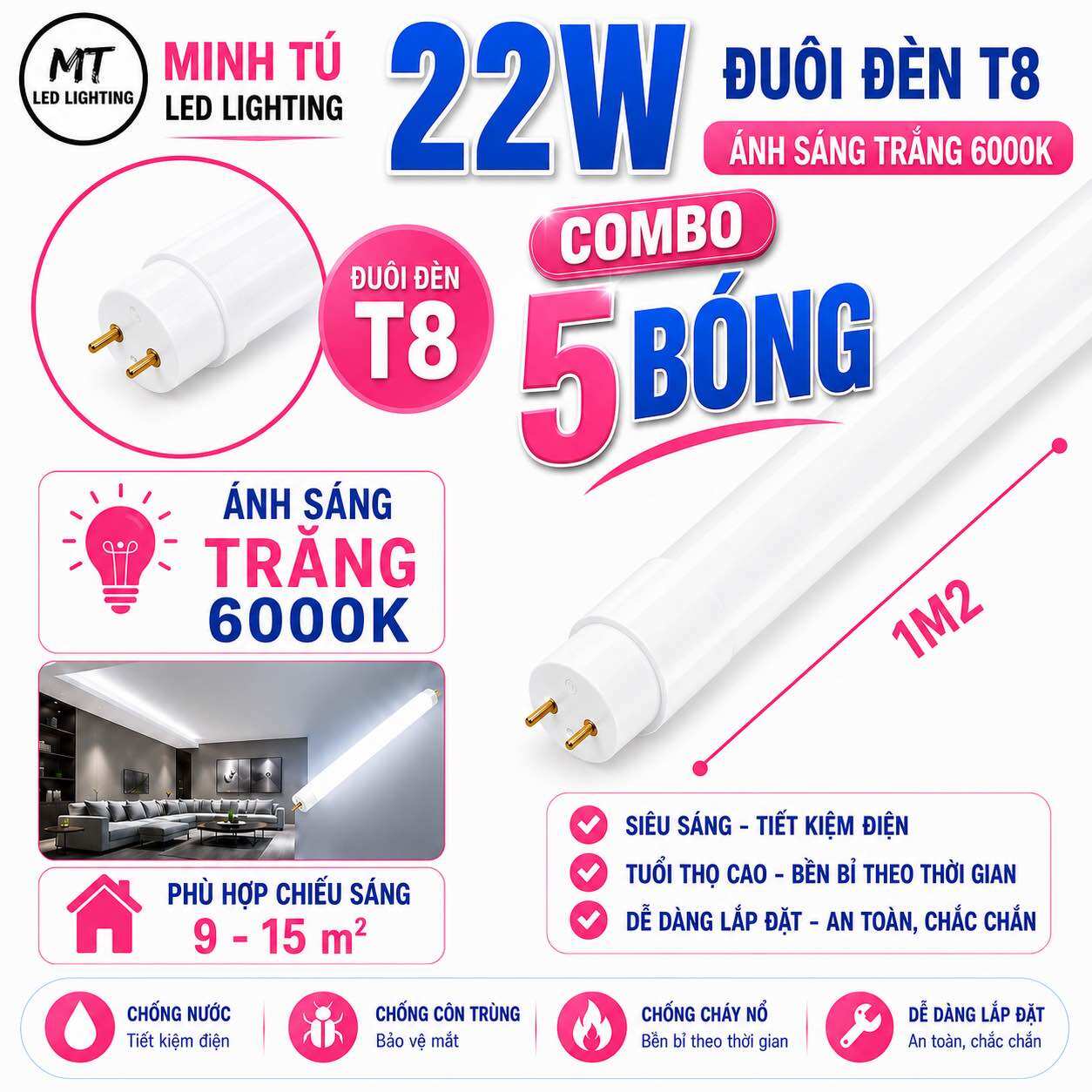 Combo 5 Bóng Tuýp LED T8 0.6M 1.2M 12W 22W 32W 40W 50W - Đèn LED Siêu Sáng Đui T8 Cho Gia Đình Văn Phòng
