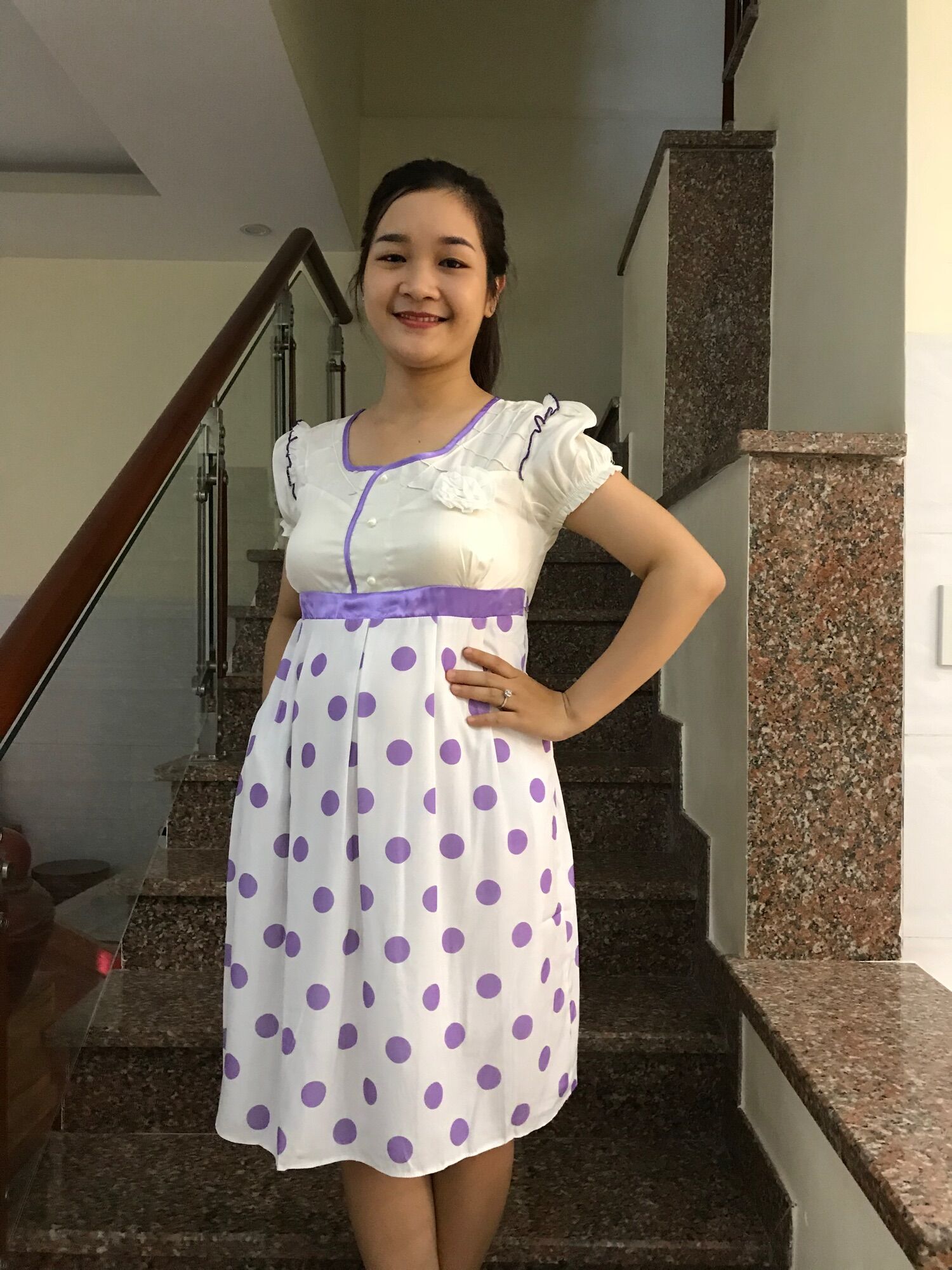 [HCM]Đầm bầu chữ A chấm bi (tím)