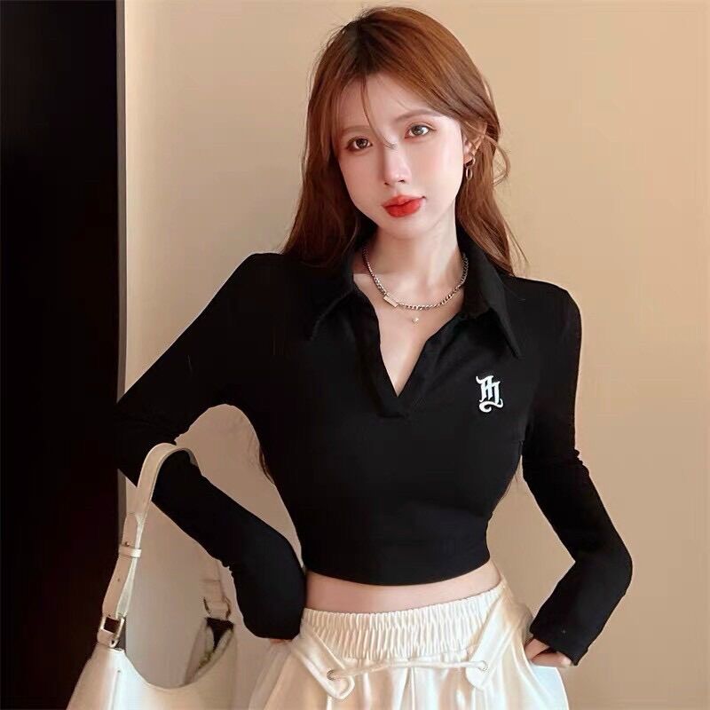 Áo croptop tay dài đen bẻ 1 chữ BG