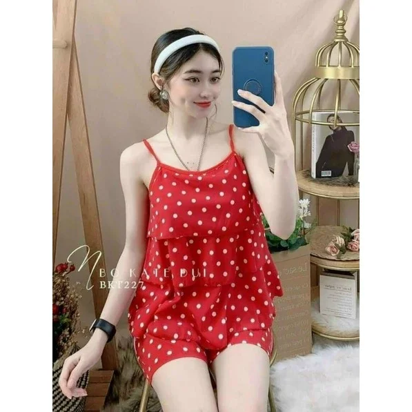 [HCM]Đồ bộ tầng 2 dây dễ thương chất lụa và voan mặc nhà nữ - M33