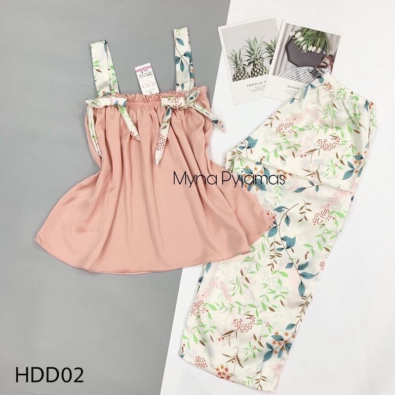 Bộ 2 dây Lụa Satin mềm mát quần dài mặc nhà, bộ ngủ lụa satin