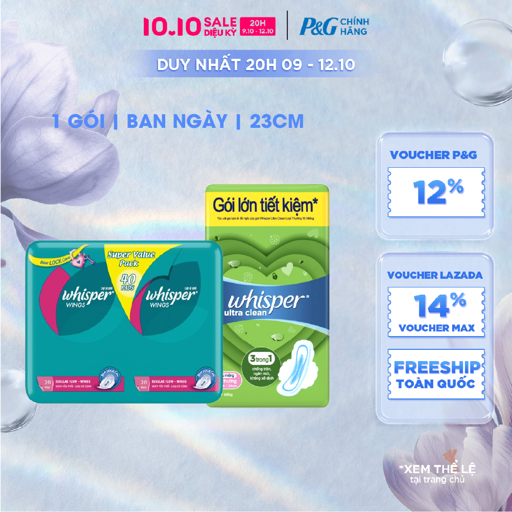 [Voucher 12%] Băng Vệ Sinh WHISPER Ultra Clean/ Thick Mesh Khô Thoáng Siêu Mỏng Cho Ngày Thường Khô Thoáng Có Cánh 24cm 34 Miếng/ 40 Miếng