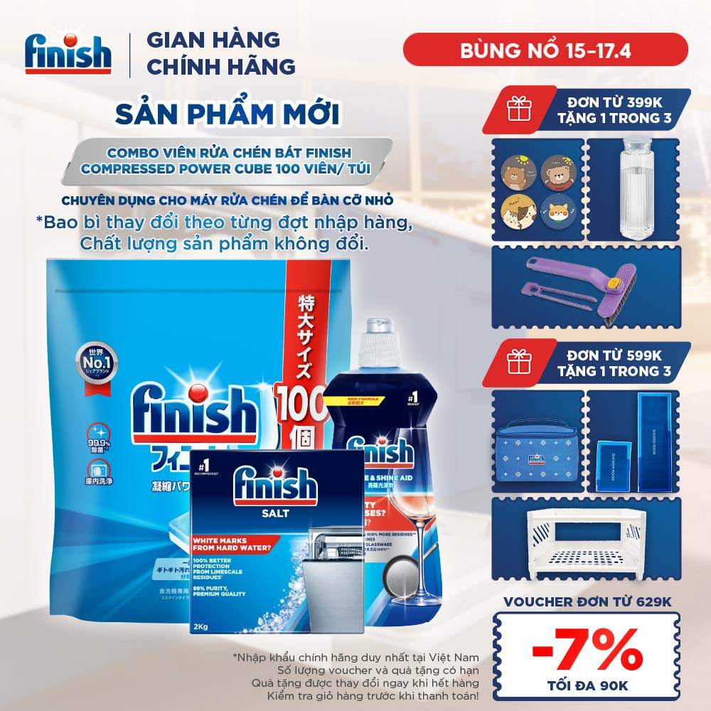 Combo Finish: Viên Rửa Chén Finish Nhật Bản Power Cube 100 Viên + Nước làm bóng Finish 500ml + Muối rửa chén 2kg