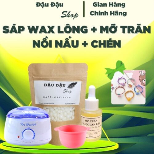 Combo Sáp wax lông hạt đậu 100g, mỡ trăn ngọc lan tây 30ml , Chén silicon , nồi nấu sáp pro 100 wax lông nách , râu, tay , chân