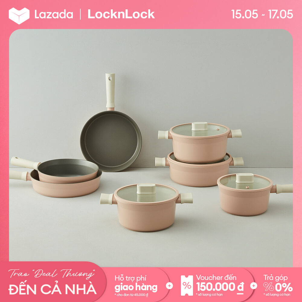 Bộ nồi chảo chống dính cao cấp Suit IH Lock&Lock - Bao gồm 2 nồi, 2 chảo, Kèm nắp cho nồi, Dùng cho cả bếp từ, Màu hồng - Hàng chính hãng