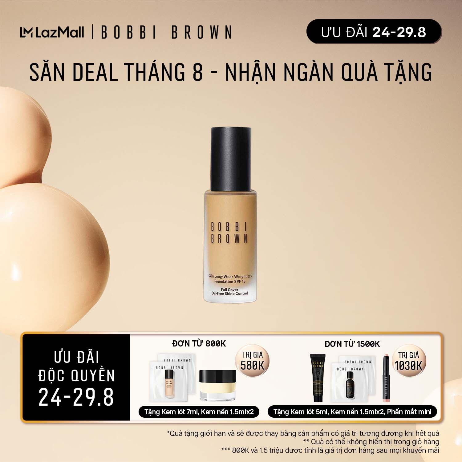 [ƯU ĐÃI 24-29.8] Kem Nền Bobbi Brown Skin Long Wear Weightless Foundation SPF 15 - 30ml/ Kem nền dạng lỏng dành cho da thường và da dầu – kem nền hiệu ứng lì mịn bán chạy với độ che phủ trung bình đến cao-, có SPF và bền màu