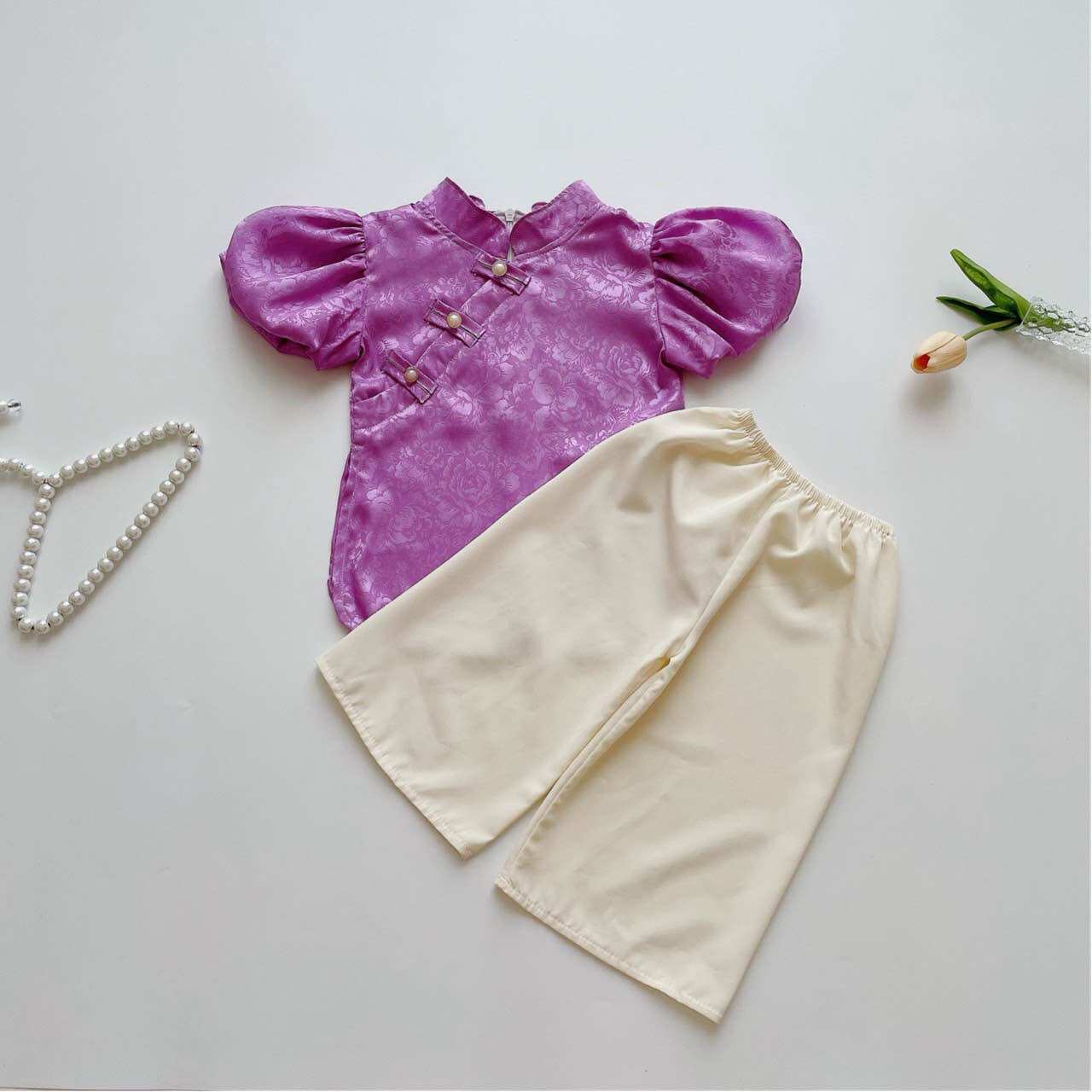 (4-28kg) Bộ Bà Ba Cổ Tàu NHÍM XÙ KIDS Cho Bé Gái Chất Gấm Lụa S032