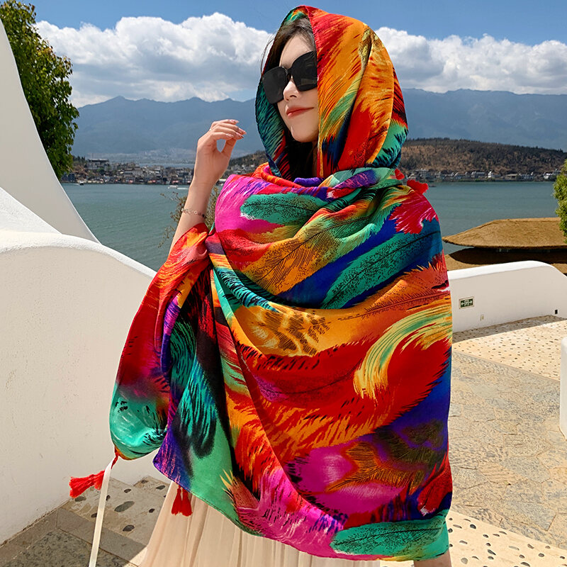 Khăn Bohemia Hoa mùa hè khăn choàng Thời trang bãi biển thiết kế Pashmina Bandana 2023 dành cho nữ