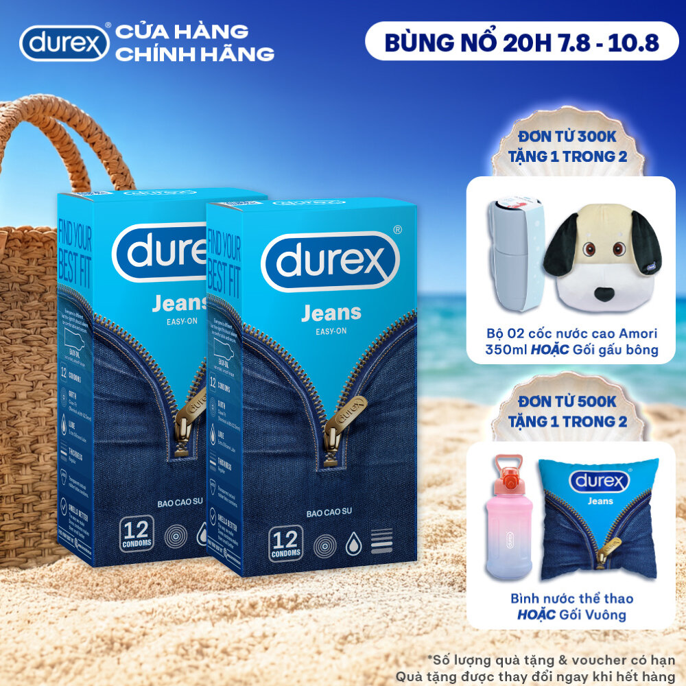 Combo 2 Bao cao su Durex Jeans cơ bản, bôi trơn, size 52.5mm, hộp 12 bao