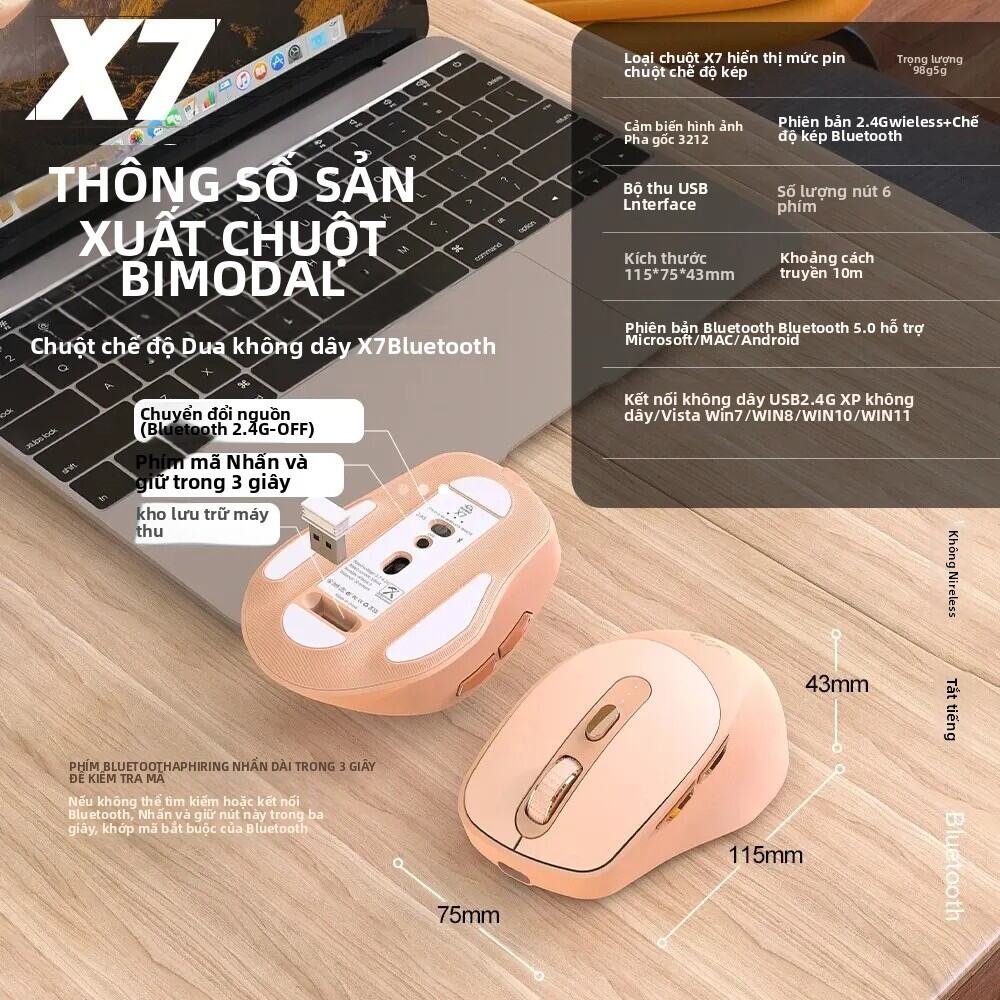 Chuột Không Dây X7 2.4G Bluetooth Có Thể Sạc Lại Với Đèn Báo Pin 5 Cài Đặt DPI Có Thể Điều Chỉnh Cho Windows Android Mac. 