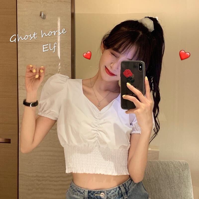 Áo croptop vai bồng chun eo nhún ngực