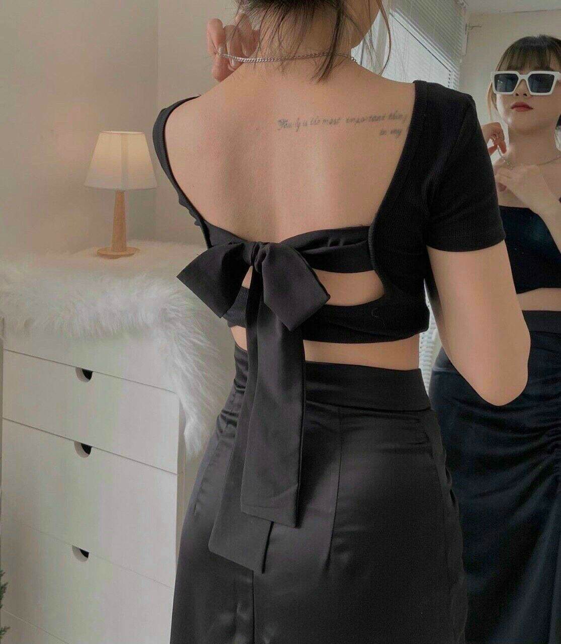 Áo croptop tay ngắn cột nơ voan sau
