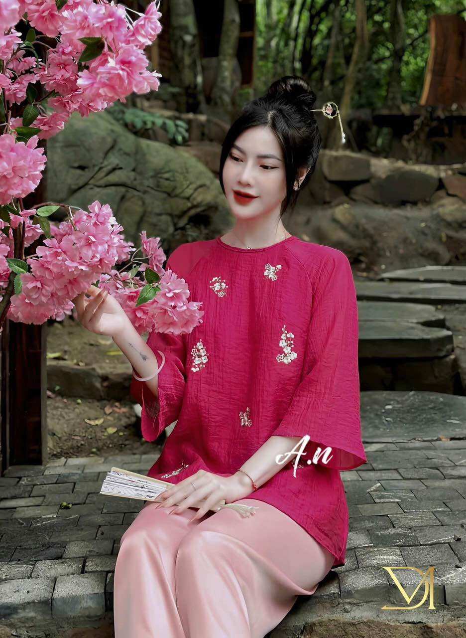 Đồ lam đi chùa,Bộ phật tử,Đồ đi chùa,Bộ lụa thêu hoa