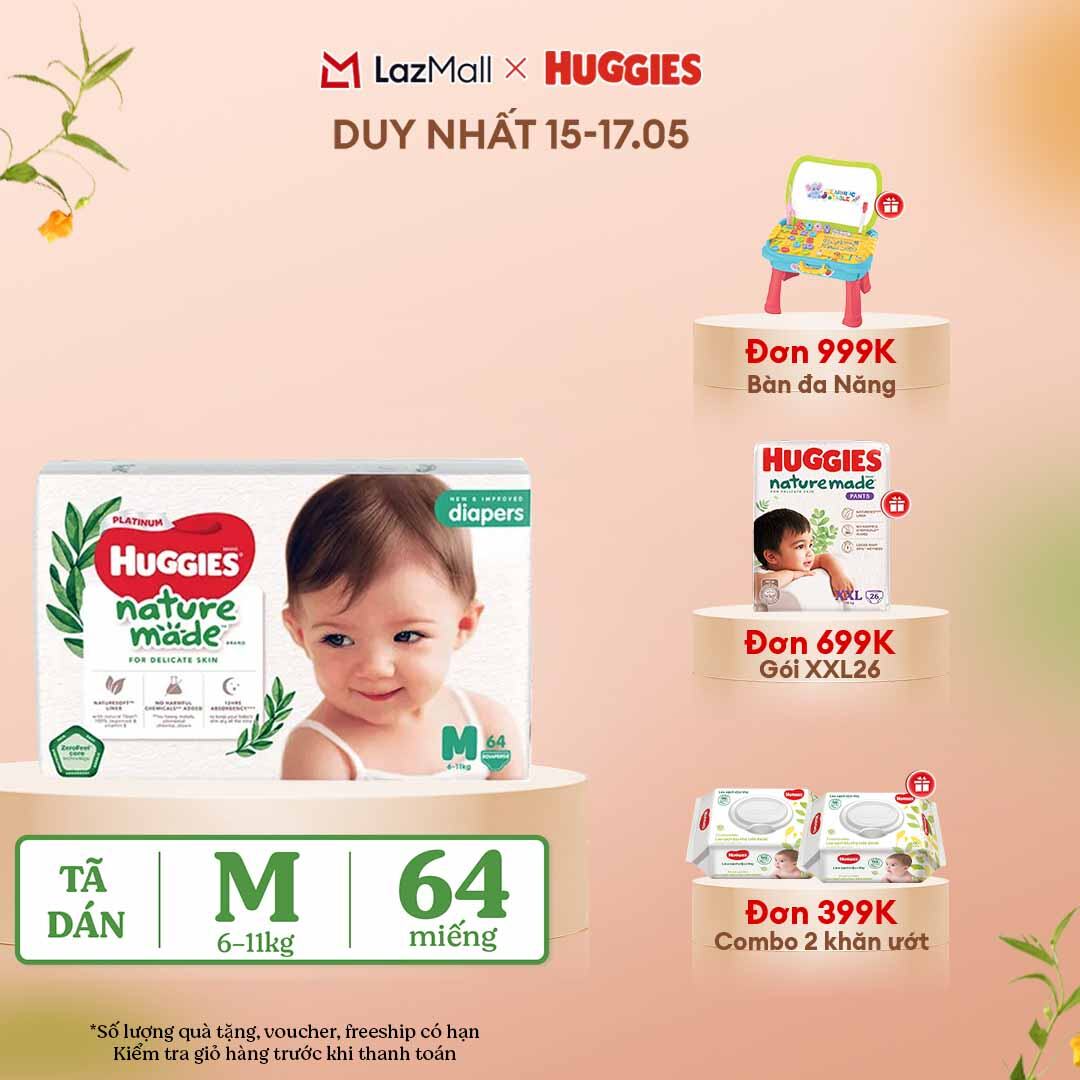 [CHỈ 15-17.05 QUÀ TẶNG ĐƠN 399K](Mua 1 tặng 1)  Tã/Bỉm dán HUGGIES PLATINUM NatureMade M64 (6-11kg)-Gói Jumbo 64 miếng