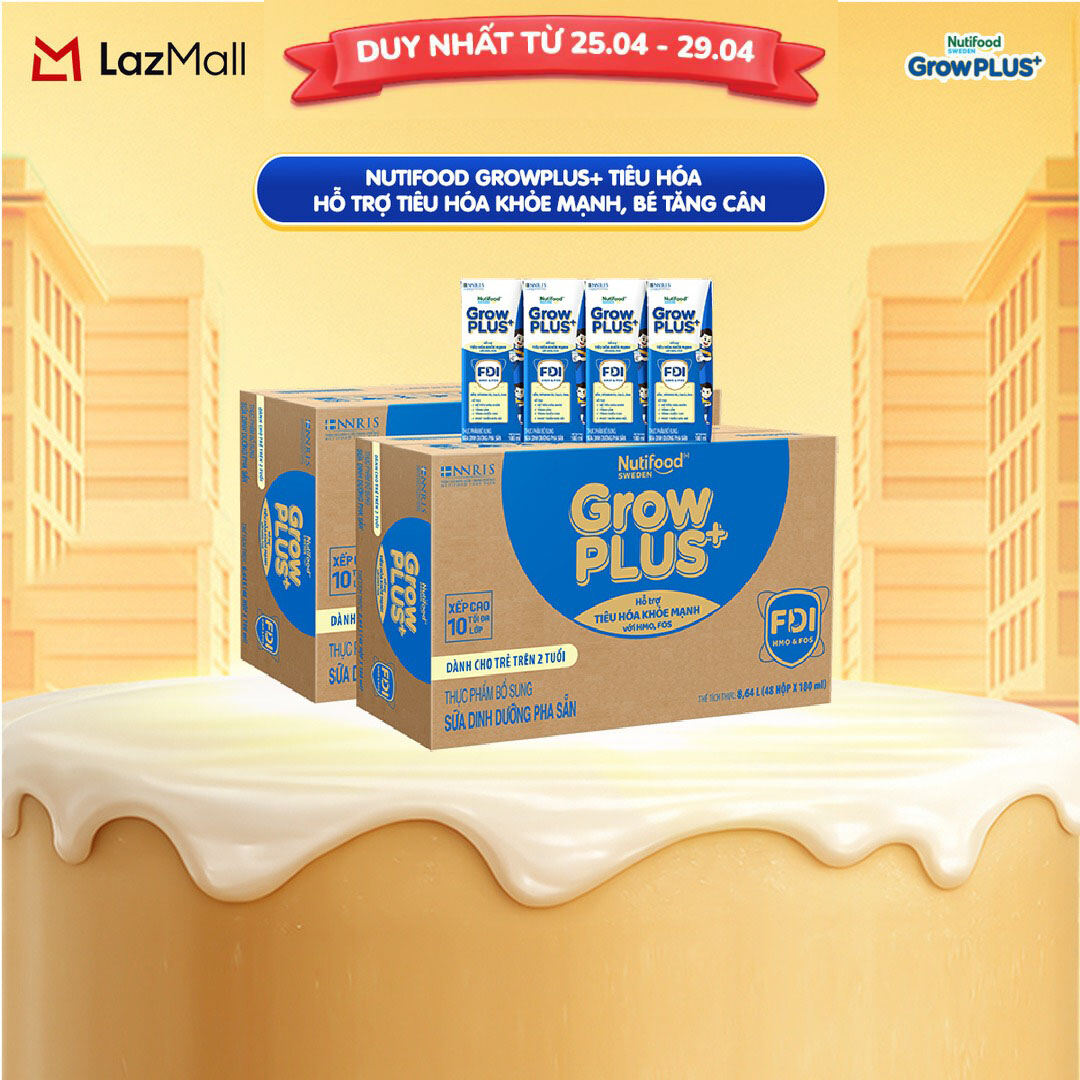 Combo 2 Sữa bột pha sẵn Nutifood Sweden GrowPLUS+ Tiêu Hóa (Xanh Nhạt) 2+ - Hỗ trợ tiêu hóa khỏe mạnh, bé tăng cân (48 hộp x 180ml)