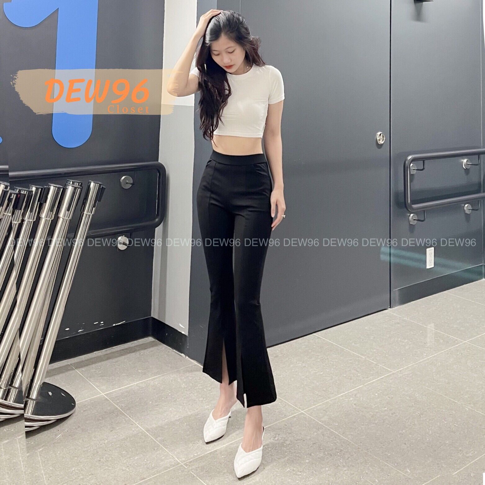 Quần loe nữ xẻ ống chất vải Umi co giãn không nhăn, quần ống loe nữ lưng chun cạp cao xẻ gấu dài 9 tấc