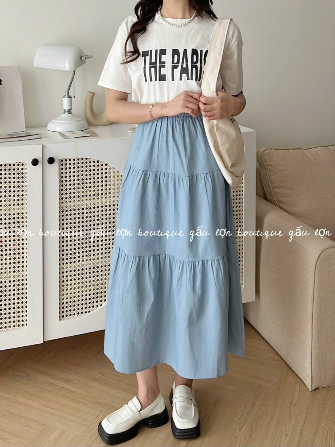 chân váy midi 3 tầng chất thô 2lớp hàn quốc