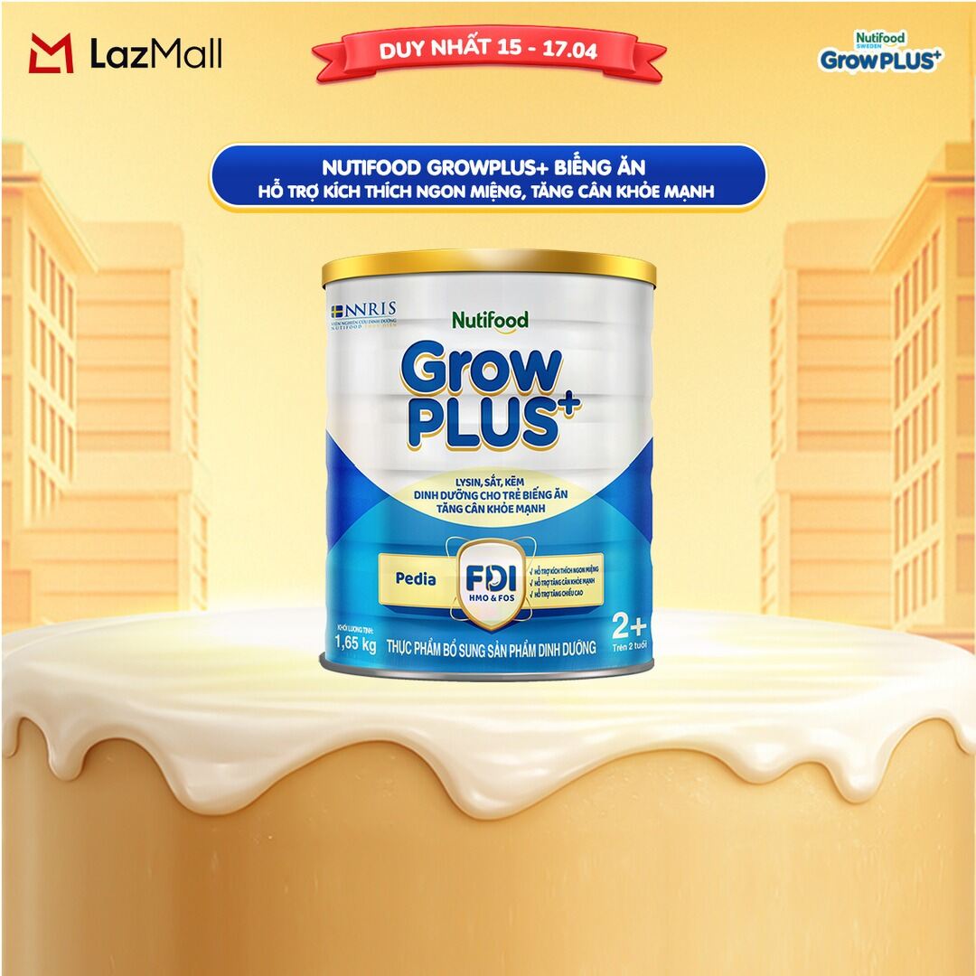 Sữa Bột Nutifood GrowPLUS+ Biếng Ăn (Xanh) 2+ - Hỗ Trợ Kích Thích Ngon Miệng, Tăng Cân Khỏe Mạnh (Lon 1,65 Kg)