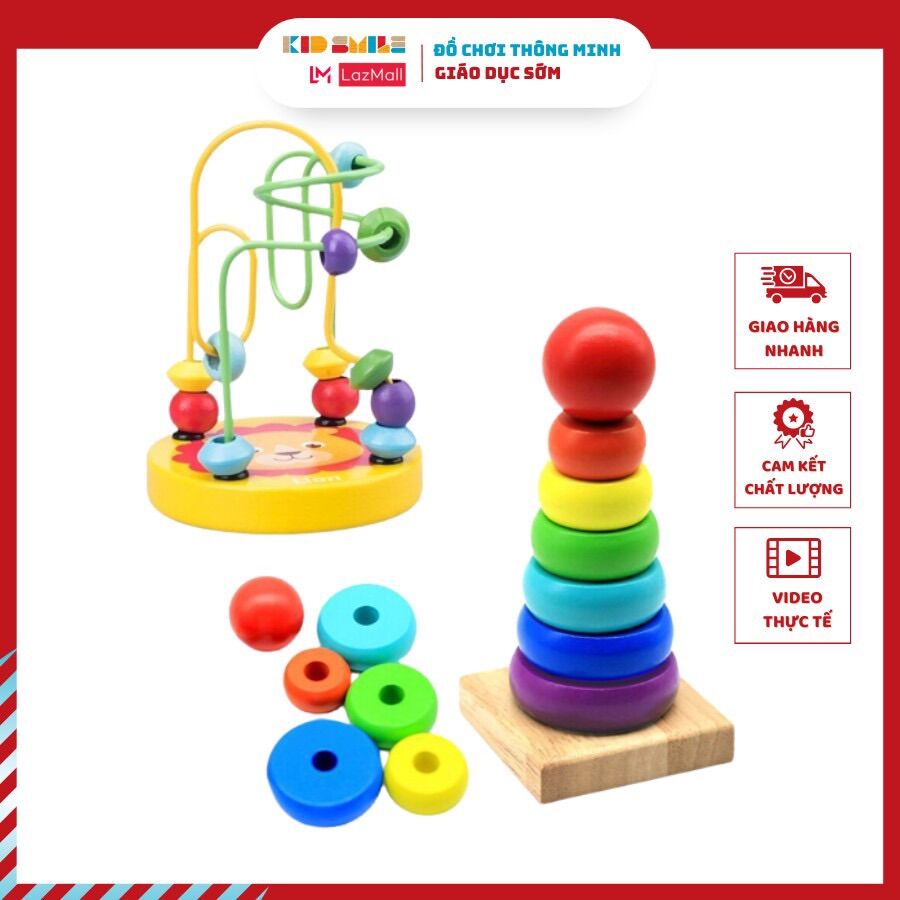 Đồ Chơi Gỗ Giáo Dục Sớm Trẻ Em Combo 2 Sản Phẩm Xếp Tháp Cầu Vồng Và Luồn Hạt Mini Size Cho Bé Từ 1 Tuổi Trở Lên Phát Triển Kỹ Năng Cơ Bản