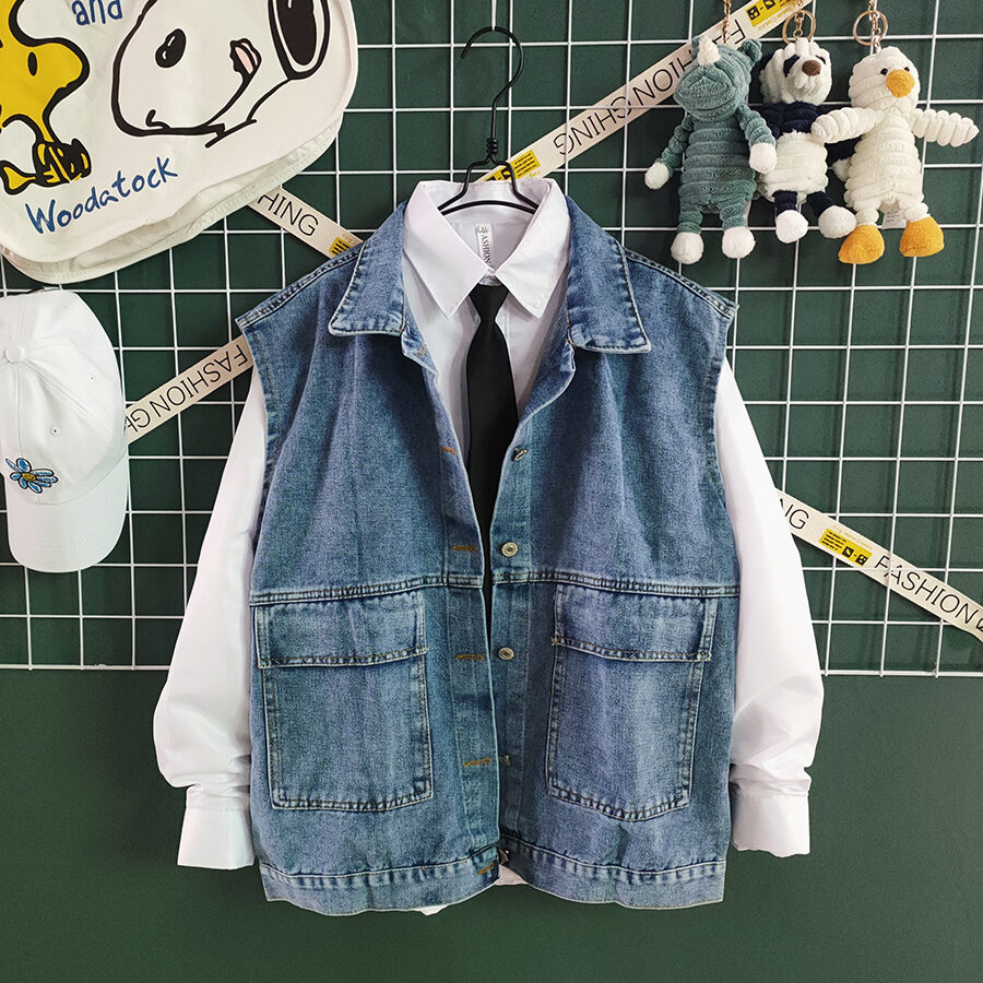 Cộc Tay, Không Tay Denim Áo Vest Áo Khoác Dành Cho Nam Mùa Xuân Mùa Thu Thời Trang, Sành Điệu Đa Năng Quần Áo Bảo Hộ Lao Động Thoải Mái Rộng Rãi Fit Cúc Áo Một Hàng Nút Viền