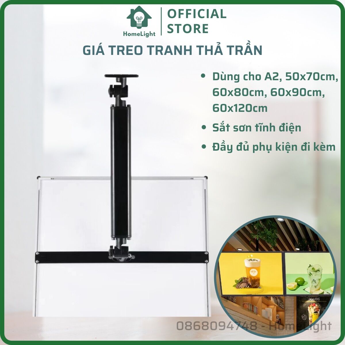 Giá treo thả trần Menu led quảng cáo bằng sắt sơn tĩnh điện